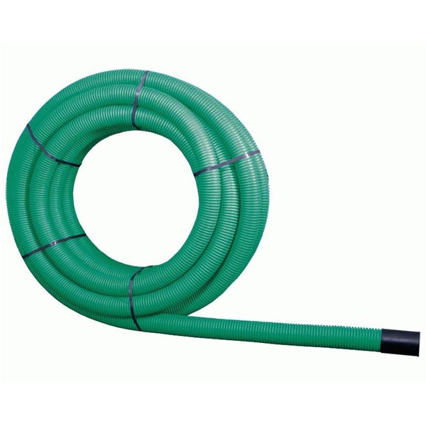 Grüner flexibler Saugschlauch mit Wellenprofil als Rolle mit schwarzem Anschlussstück.
