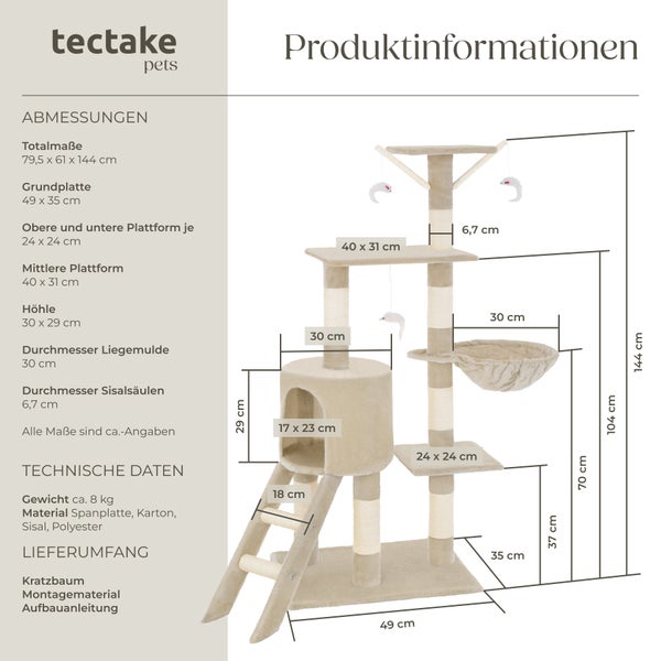 Kratzbaum tectake Dominik inklusive Treppe, 3 Spielmäusen und Kippschutz 144 cm beige