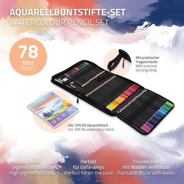 ECD Germany 78er Aquarell Buntstifte Set für Kinder und Erwachsene, Leuchtende Pigmente, Professionelles Zeichnen Art Set, Wasserlösliche Farbstifte zum Vermischen, Zeichnen & Malen, mit Aquarellblock