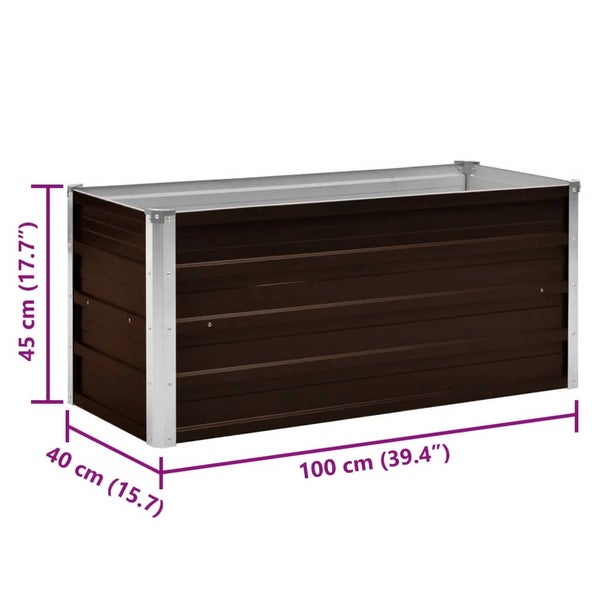 Hochbeet aus Metall mit Maßen: Länge 100 Zentimeter, Breite 40 Zentimeter und Höhe 45 Zentimeter.