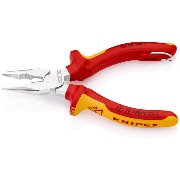 Knipex Spitzkombizange mit Befestigungsöse verchromt, isoliert mit Mehrkomponenten-Hüllen, VDE-geprüft; mit integrierter isolierter Befestigungsöse zum Anbringen einer Absturzsicherung 145 mm - 0826145TBK
