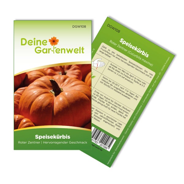 Samentüte für Speisekürbis Roter Zentner mit Deine Gartenwelt Logo, Vorder- und Rückseite mit Anbauinformationen.