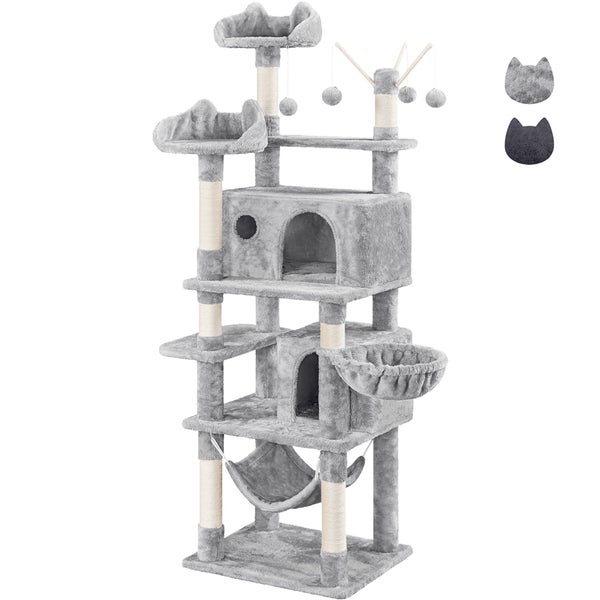 Detailansicht eines grauen Katzenkratzbaums mit Liegemulde, Hängematte, Kratzsäule und Spielbällen