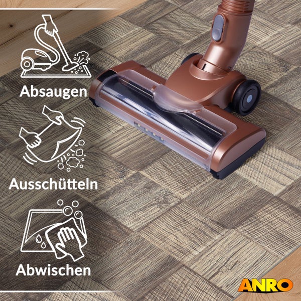 Vinylboden in Holzoptik mit Parkettmuster und Staubsauger. Symbole für Absaugen, Ausschütteln und Abwischen. ANRO Logo.
