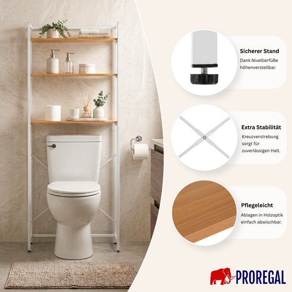 Proregal WC-Regal mit drei Ablagen in Holzoptik und Metallrahmen zur platzsparenden Montage über dem WC, inklusive Nivellierfüßen und Kreuzstrebe.