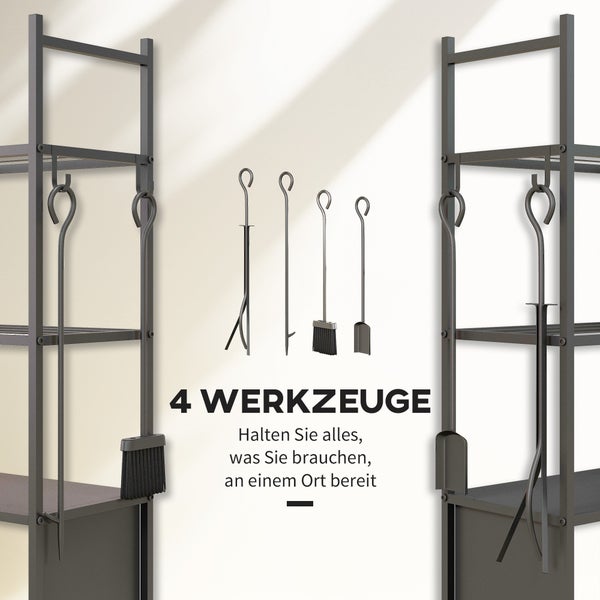 Kamingarnitur mit vier Werkzeugen auf einem Regal.
