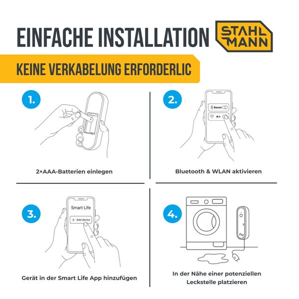Stahlmann Logo. Wassermelder Installation: Batterien einlegen, Bluetooth und WLAN aktivieren, Applikation nutzen und platzieren.