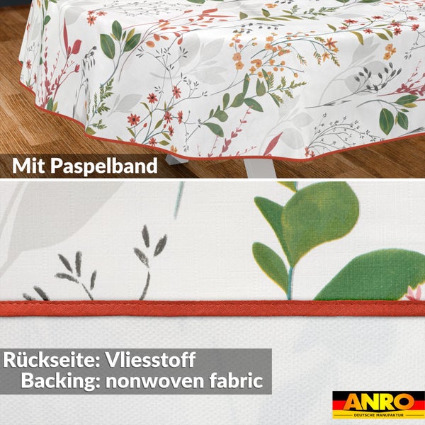 Runde Tischdecke mit floralem Muster, Paspelband und Rückseite aus Vliesstoff. Anro Deutsche Manufaktur Logo.