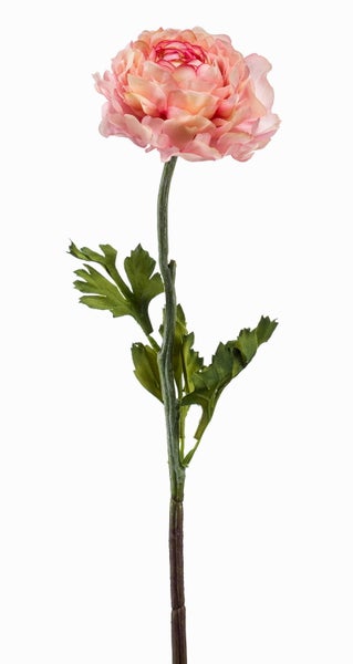 Künstliche Ranunkel mit rosa Blütenblättern und grünem Stiel mit Blättern.
