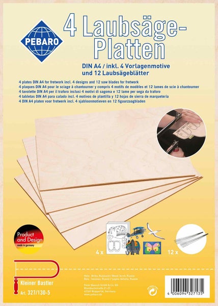 Pebaro Laubsäge-Platten Set mit vier DIN A4 Sperrholzplatten aus Birke, vier Vorlagenmotiven und zwölf Laubsägeblättern inklusive Bastelvorlagen.