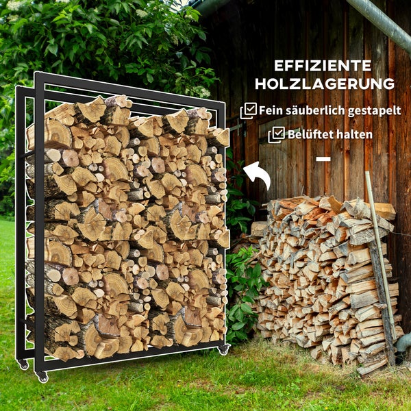 Outsunny Kaminholzregal, mit Rollen, für Indoor, Outdoor, 120 x 32 x 151 cm, Metall, Schwarz