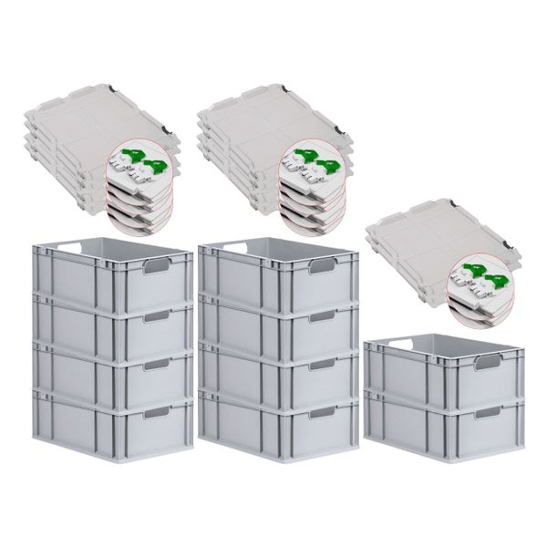 PROREGAL Spar Set 10x Eurobox Nextgen Economy Mit Scharnierdeckel & Grünen Schiebeschnappverschlüssen Griffe Offen HxBxT 22 x 40 x 60 cm 44 Liter