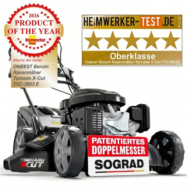 Benzin Rasenmäher ONBEST Tornado X-Cut TXC-3653 E mit patentiertem Doppelmesser Sograd, Auszeichnung Produkt des Jahres 2026.