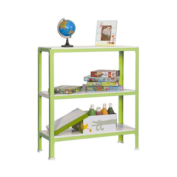 Metallregal mit drei weißen Böden und hellgrünem Rahmen, Maße 90 mal 80 mal 40 Zentimeter, befüllt mit Spielsachen und Globus.