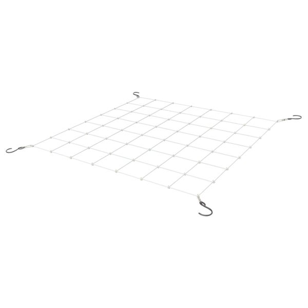 Elastisches Ranknetz mit vier S-Haken für Pflanzen, weißes Netz mit quadratischen Maschen.