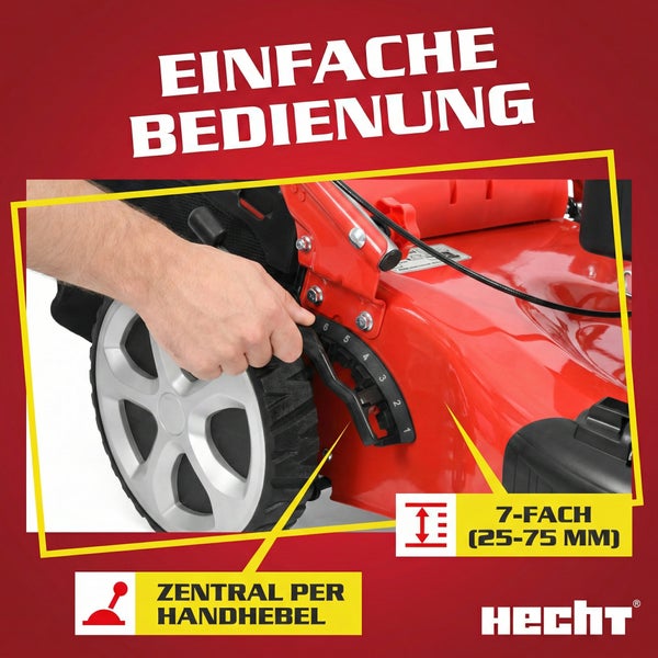 Rasenmäher mit zentraler Schnitthöhenverstellung per Handhebel in 7 Stufen von 25 bis 75 Millimeter, Hecht Logo.