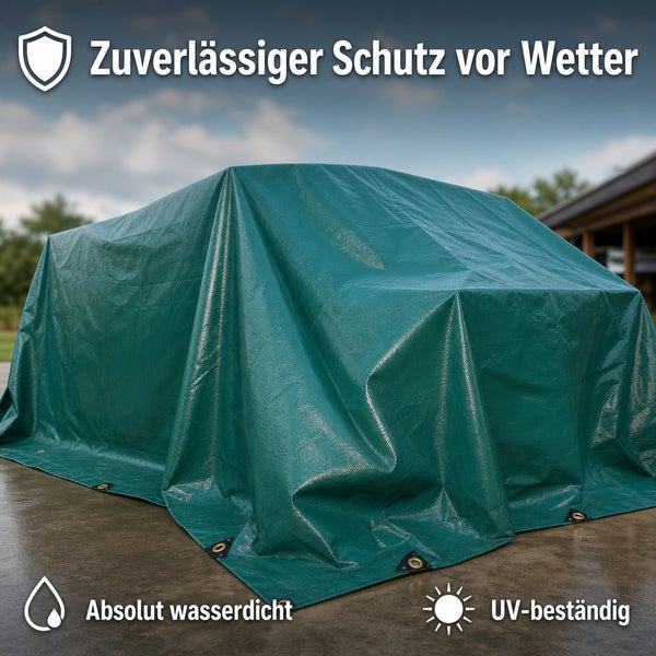 Wetterfeste Abdeckplane zum Schutz vor Wasser und UV Strahlung mit Metallösen.