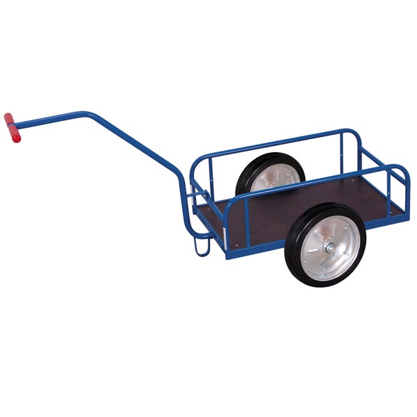 Handwagen mit blauem Metallrahmen, dunkler Ladefläche und zwei großen schwarzen Rädern mit silbernen Felgen.
