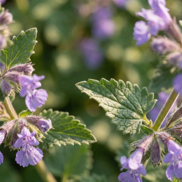 Nahaufnahme einer Katzenminze mit gezackten grünen Blättern und kleinen violetten Blüten.