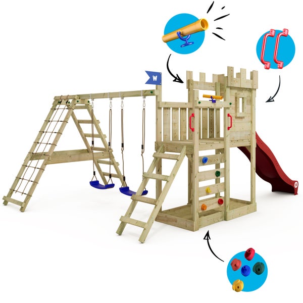 WICKEY Spielturm GateFlyer mit Kletteranbau, Doppelschaukel und Rutsche - rot