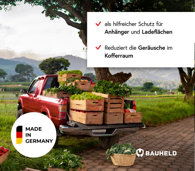 Schutzmatte für Anhänger und Ladeflächen zur Geräuschreduzierung im Kofferraum, Made in Germany, Bauheld Logo.