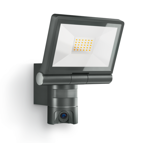 Grauer LED-Außenstrahler mit integriertem Bewegungsmelder und Sicherheitskamera.