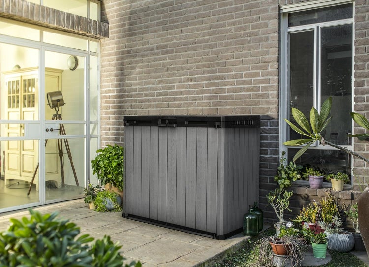 Keter Store-It-Out Darwin Aufbewahrungsschrank 1150L - Wetterbeständige Mülltonnenbox mit Holzoptik - Gartenbox abschließbar - für 2X 240L Tonnen