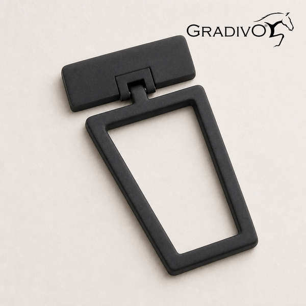 Trapezförmiger Möbel-Ringgriff in Schwarz mit rechteckiger Basis und Gradivo Logo.
