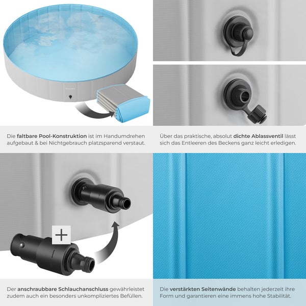 Faltbarer Pool mit Detailansichten von Ablassventil, Schlauchanschluss und verstärkten Seitenwänden für platzsparende Lagerung und einfaches Befüllen.