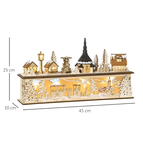 LED-Schwibbogen aus Holz mit winterlicher Dorfszene, Kirche und Bäumen. Maße: 45 x 25 x 10 Zentimeter.