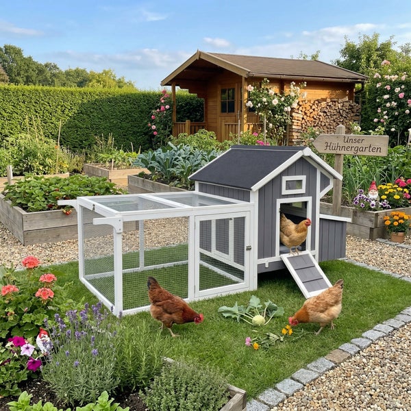 Zooprinz Hühnerstall aus Holz in Grau und Weiß mit zooprinz Logo, Freilaufgehege und Hühnern in einem gepflegten Garten mit Blumen und Rasen.