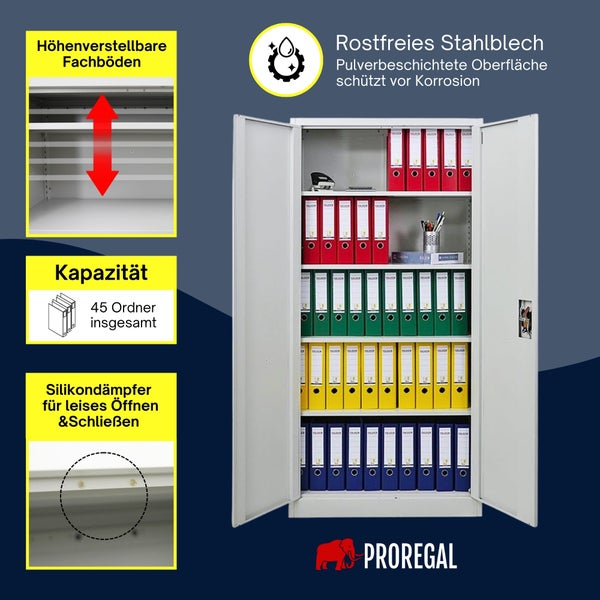 Offener Metallschrank für 45 Ordner mit verstellbaren Regalböden, Korrosionsschutz durch Pulverbeschichtung und Silikondämpfern. Proregal Logo.
