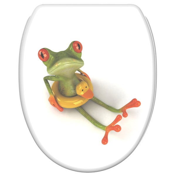 Toilettendeckel mit einem Frosch-Motiv, der in einem gelben Enten-Schwimmreifen sitzt.