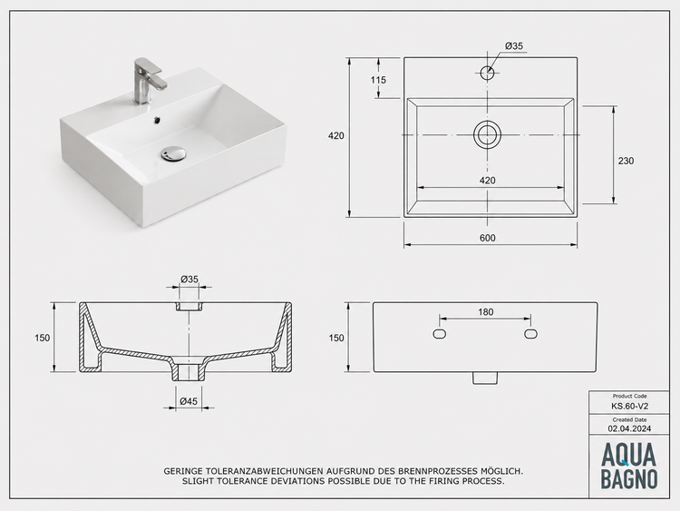 Technische Zeichnung und Produktbild des rechteckigen Waschbeckens Aqua Bagno KS.60-V2 mit detaillierten Maßen in Millimetern.