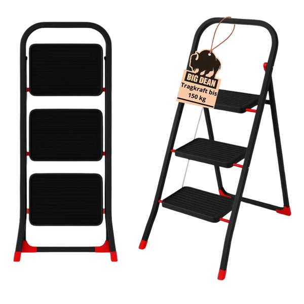 Stehleiter mit drei Stufen und einer Tragkraft von 150 Kilogramm, zusammengeklappt und aufgeklappt dargestellt.