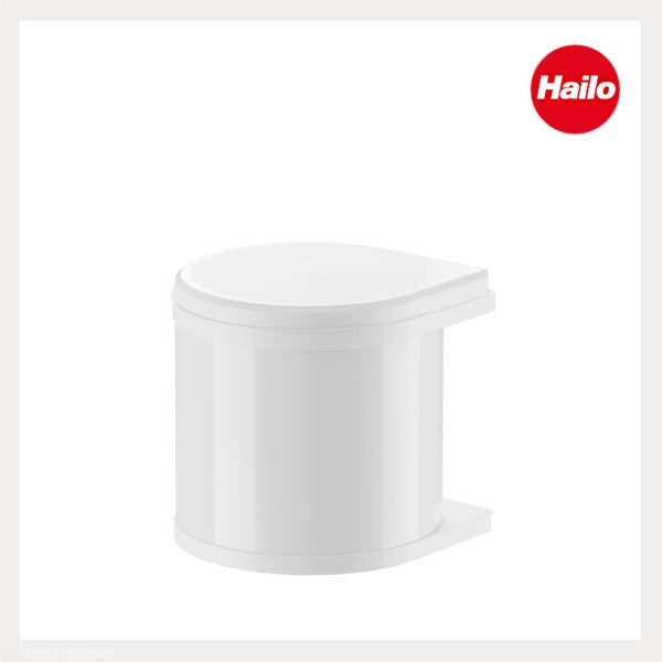Weißer Hailo Einbaumülleimer für Küchenschränke. Hailo Logo.
