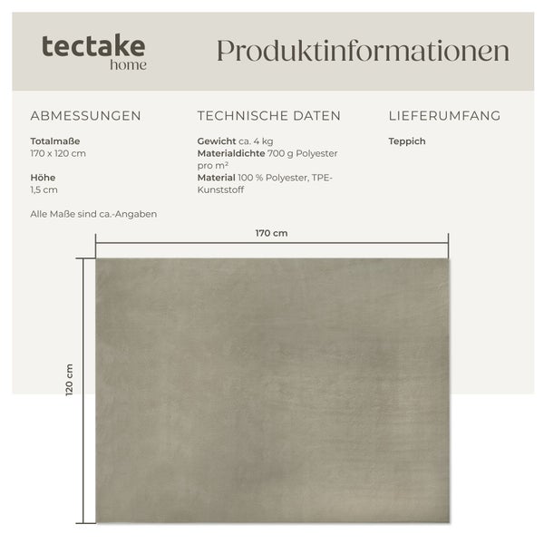 tectake home Logo. Produktinformationen für einen Teppich mit den Maßen 170 mal 120 Zentimeter und einer Höhe von 1,5 Zentimeter aus Polyester.