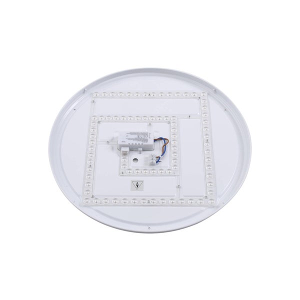 Innenansicht einer runden, weißen LED-Deckenleuchte mit LED-Chips und Treiber.