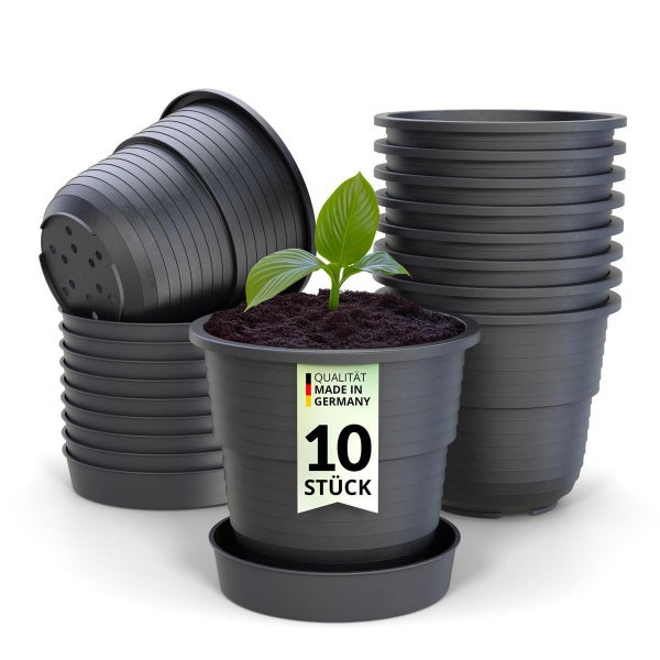 Set mit 10 Pflanztöpfen aus Kunststoff inklusive Untersetzer und Pflanze für den Garten oder Balkon.
