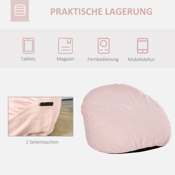 HOMCOM Sitzsack aufblasbares Sofa Bodensessel Sitzkissen gepolstert mit 2 Seitentaschen waschbar für Wohnzimmer Liege Schlafzimmer Polyester-Gewebe Schaumstoff-Füllung Rosa Ø115x71 cm