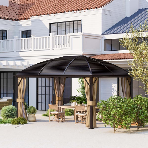 Outsunny Pavillon mit Hardtop, 4x3 m Wasserdicht Stabil Winterfest Gartenpavillon mit Moskitonetz, Haken, Seitenteile, Bogendach, Garten-Pavillon aus Aluminium, für Garten, Terrasse, Braun