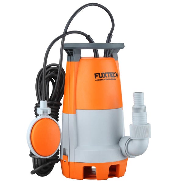 Fuxtec Tauchpumpe in Orange und Grau mit Schwimmerschalter und Anschlusskabel für Schmutzwasser.