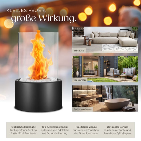Tischfeuer mit Edelstahlfuß und Zylinderglas für den Innen- und Außenbereich