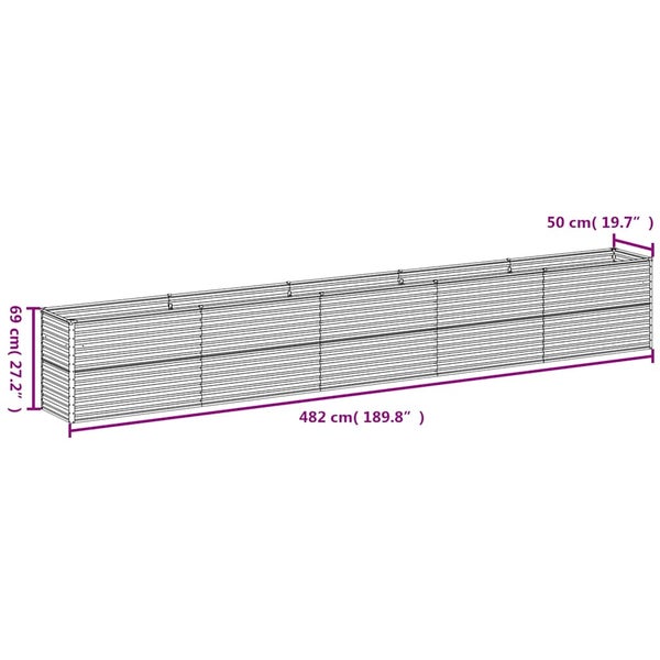 Hochbeet aus Metall mit den Maßen: Länge 482 Zentimeter, Breite 50 Zentimeter, Höhe 69 Zentimeter.