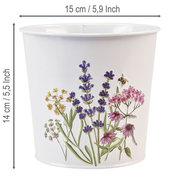 Blumentopf aus Metall mit Blumen- und Bienenmotiv, Breite 15 Zentimeter, Höhe 14 Zentimeter.