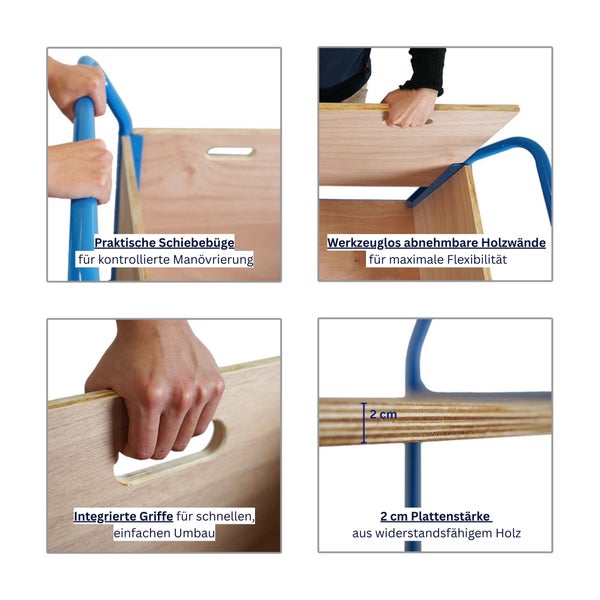 Detailansichten eines Holzregals mit Schiebebügel, abnehmbaren Wänden, integrierten Griffen und einer Plattenstärke von zwei Zentimetern