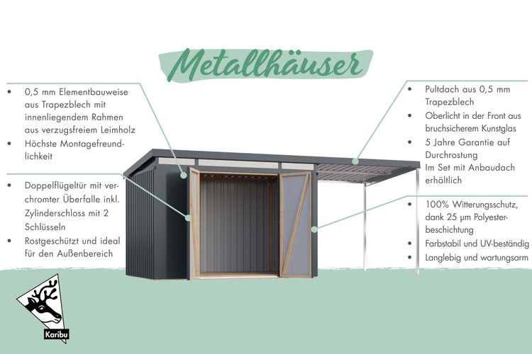 Gerätehaus aus Metall mit Pultdach und weit geöffneten Doppeltüren, Anthrazit