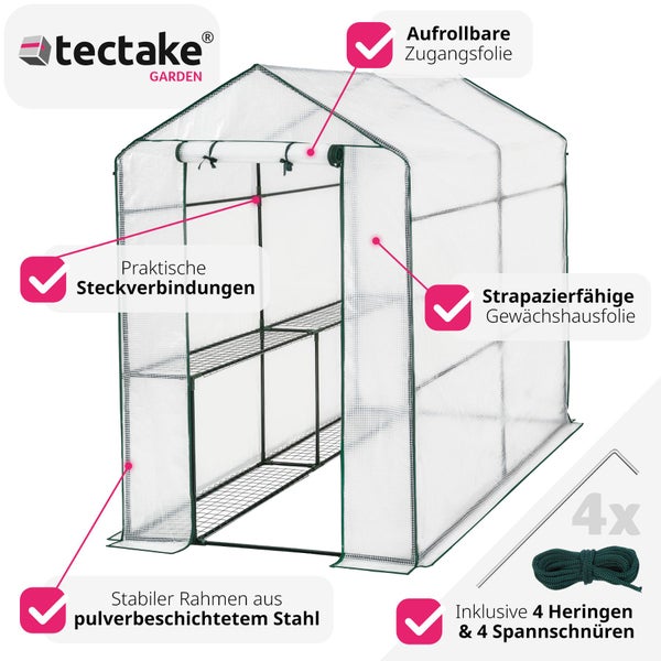 Foliengewächshaus tectake Andrea inklusive Spannseile und Heringe, 186 x 120 x 190 cm 3,6 m³, mit 4 Regalebenen weiß
