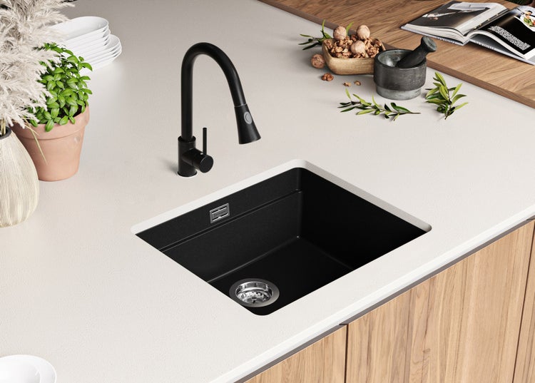 PRIMAGRAN Unterbauspüle Granit Alles Schwarz 56x47cm, Spülbecken 1 Becken + Ablauf-Set + Aufrollbare Abtropffläche, Granitspüle ab 60er Unterschrank - Praga