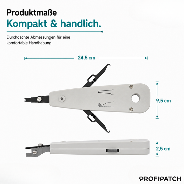LSA-Anlegewerkzeug mit Produktmaßen: Länge 24,5 Zentimeter, Breite 9,5 Zentimeter, Höhe 2,5 Zentimeter. PROFIPATCH Logo.